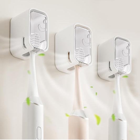 3 Pack Toothbrush Holders for Bathroom, Self Adhesive Wall Mounted Toothbrush Holder with Cover, Single Toothbrush Dispenser Storage Organizer for Family, Travel, Waterproof and Dustproof (White)