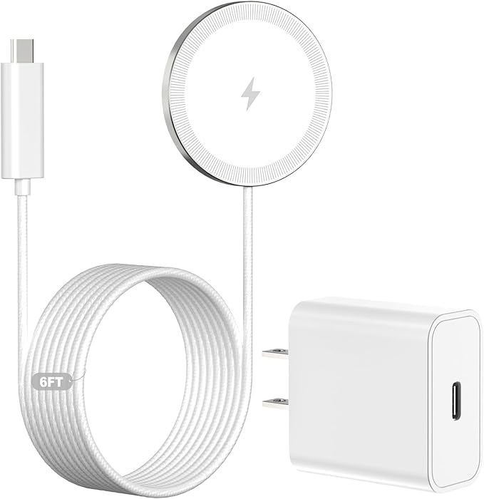 6FT Magnetic Wireless Charger Charging Pad - 15W Qi Fast Phone Charger Puck for Apple iPhone 17 16 15 14 13 12 Series & AirPods 4 3 2 Pro, Phone Charging Pad with Plug for Desk & Travel, 1Pack White