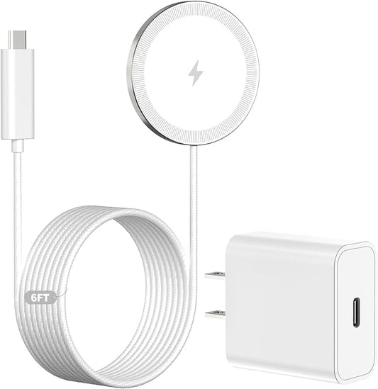 6FT Magnetic Wireless Charger Charging Pad - 15W Qi Fast Phone Charger Puck for Apple iPhone 17 16 15 14 13 12 Series & AirPods 4 3 2 Pro, Phone Charging Pad with Plug for Desk & Travel, 1Pack White