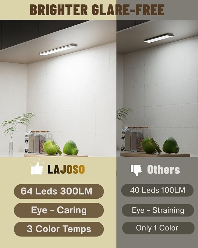 Under Cabinet Lighting Wireless Motion Sensor Light Indoor, 12" Rechargeable Kitchen Bar Lights, 300LM Ultra-Bright Cabinet Lights with Remote, 2500mAH, USB-C, 3 Colors, 3 Packs