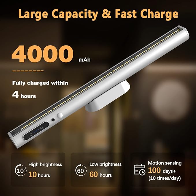 Battery Powered Operated Wall Strip Lights, Motion Sensor LED Light Bar Indoor, Rechargeable Magnetic Under Cabinet Lighting Wireless with Remote Control for Picture Shelf Bathroom – Silver