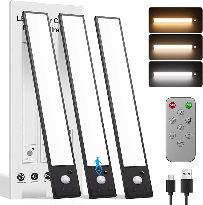 8inch Rechargeable under cabinet lighting ,56 LED -3 Color& 7 Levels Motion Sensor Light Indoor,1800mah Dimmable Magnetic Cabinet Lights, Punch-Free smart Sensor Magnetic Rechargeable led Lights
