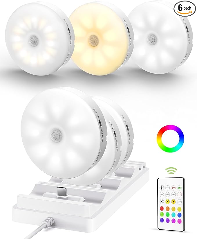 EZVALO Under Cabinet Lighting with Charging Station, 1000mAh Rechargeable Puck Lights with Remote, 3 Color Temps & 12 RGB Closet Lights, Dimmable Motion Sensor Lights for Shelf, Kitchen (6 Packs)