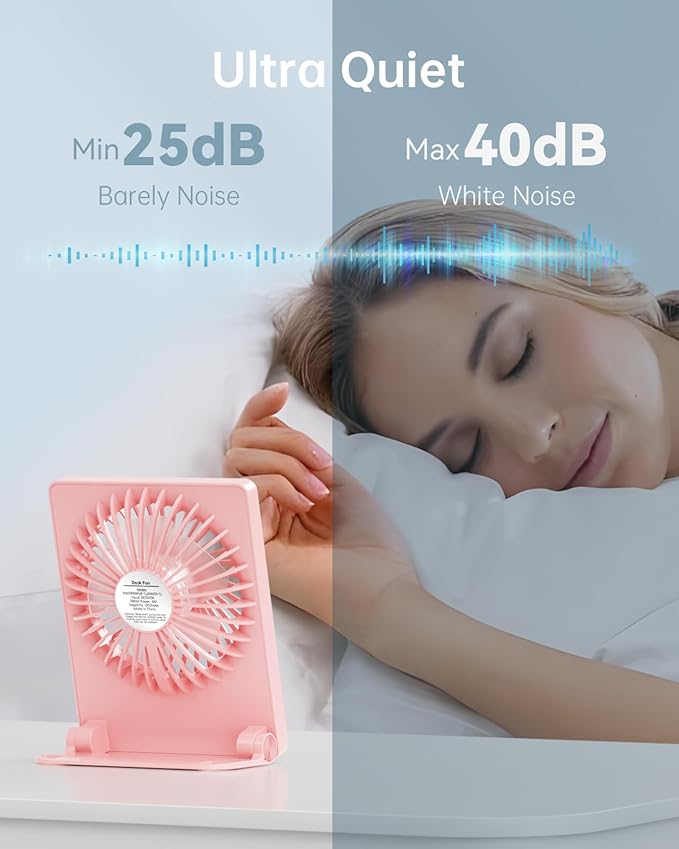 TriPole Mini Portable Desk Fan Rechargeable Ultra Quiet Small Fan 4.5 Inch Personal Travel Fan with 180° Tilt Folding and 3 Speeds Adjustable for Office Desktop Bedroom (Pink)