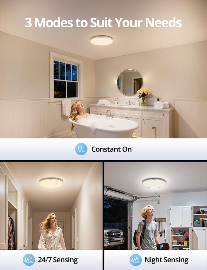 Combuh Rechargeable Battery Operated Ceiling Light for Shower Inside Wireless, 105 Day Battery Life Powered 11.8Inch Bright Waterproof Magnetic RGB Overhead Lighting without Wiring for Closet Bathroom