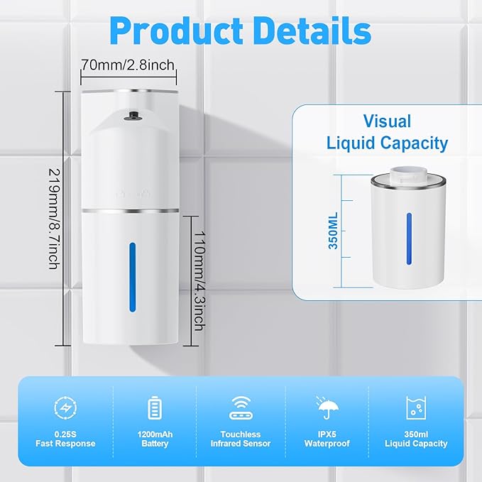 Fantictas Automatic Soap Dispenser,Touchless Hand Wall Mount Rechargeable 3 Gear Adjustable Electric Soap Dispenser 350ml with Infrared Motion Sensor for Bathroom,Kitchen,Office, White Gel