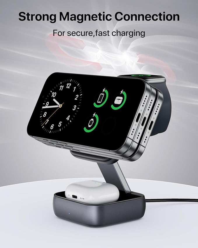 UEQ 3 in 1 Wireless Charging Station for Apple Devices,Foldable Fast Travel Magnetic Wireless Charger,Compatible with MagSafe Charger for iPhone 17 Air 16 15 14 13 12,Apple Watch&AirPods Pro