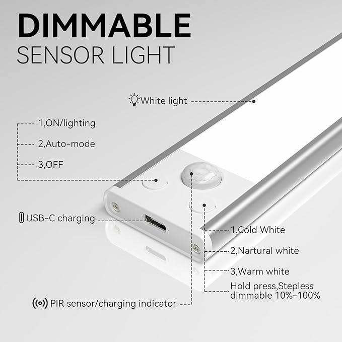 12inch Under Cabinet Lighting, 3 Color 2500mAh Magnetic Motion Activated Under Cabinet Lights, Rechargeable Closet Lights Battery Operated, Wireless Dimmable Under Counter Lights for Kitchen 2 Pack