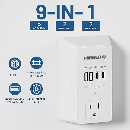 Electrical Outlet Extender with USB Ports (2C2A), Snug Wall Outlet, Surge Protector, Wall Plug Adapter for Multiple Devices, Wall Socket Expander