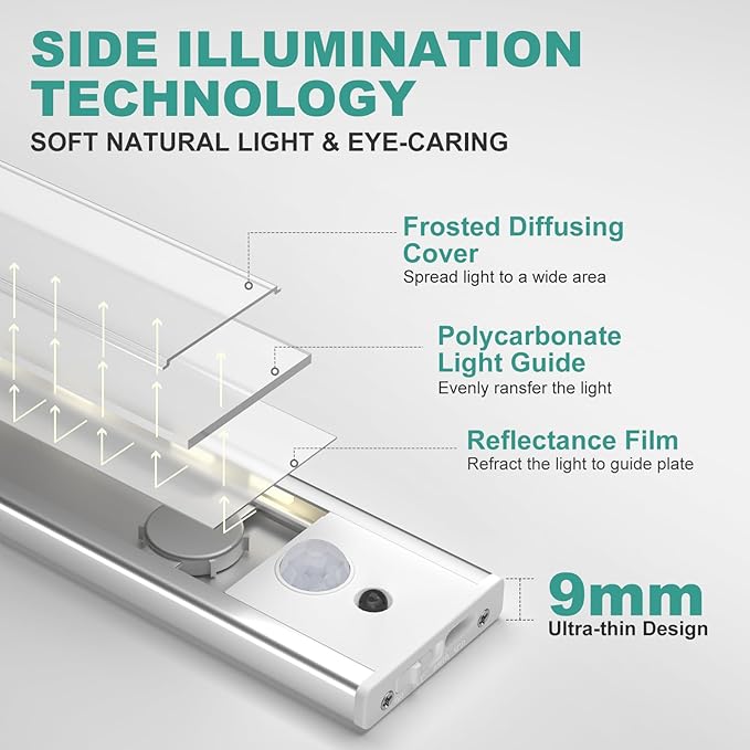 Under Cabinet Lights Motion Sensor 3 Color Temperatures LED Closet Light, USB-C Rechargeable Under Counter Lights Night Light for Kitchen, Wardrobe (Silver - 3 Color Remote, 8.07 Inch - 3 Pack)