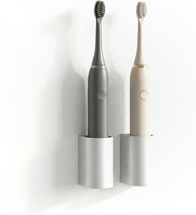 xympo Aluminum Electric Toothbrush Holder (2-Pack) – Wall Mount with Charging Cable Slot – Self Adhesive, Minimalist Design, Fits Most Electric Toothbrushes