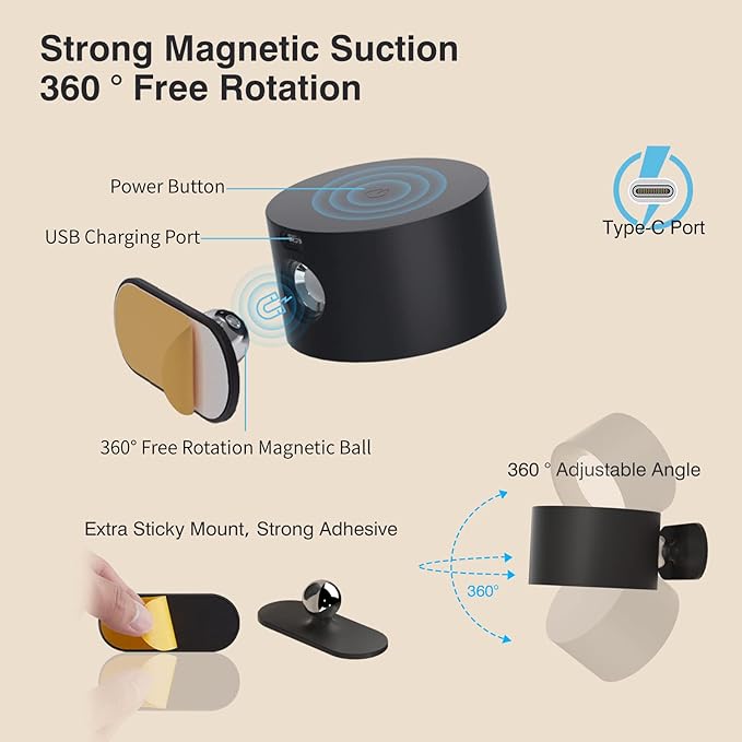 Deyagoo LED Wall Sconce, Wall Mounted Lamp with Rechargeable Battery Operated USB Port 3 Color Temperature & 3 Brightness Level 360°Rotate Magnetic Ball, Cordless Light for Reading Study Bedside