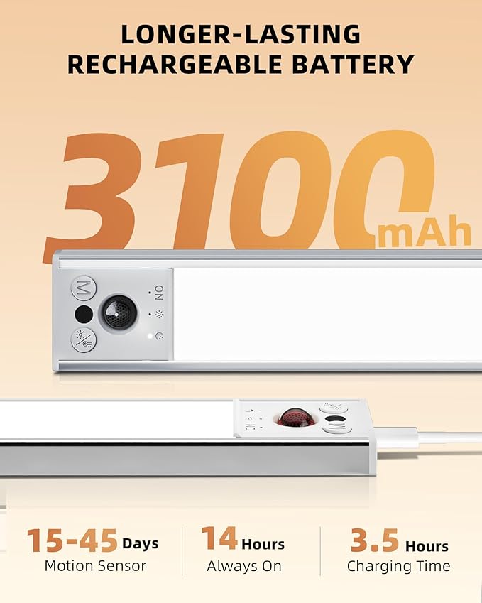 EZVALO 12inch Under Cabinet Lighting, LED Motion Sensor Light Indoor, 3100mAh USB Rechargeable Closet Lights, Dimmable & Magnetic Wireless Under Counter Lights for Kitchen, Pantry, Stairs (2 Pack)