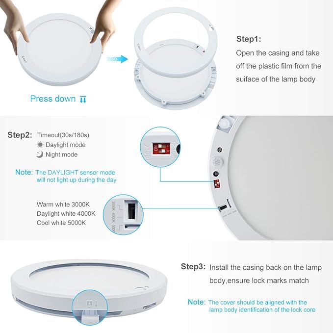 S NMT Motion Sensor LED Ceiling Light With 30s/180s Timeout Adjustable,15W 1500LM Round Panel Lighting Fixture For Stairs Toilet Closets,Warm White 3000K Natural White 4000K Cool White 5000K Available
