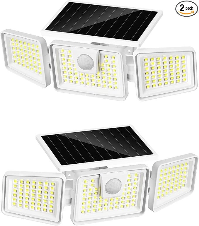 INCX 156 LED Solar Motion Lights Outdoor 2 Pack, 3 Heads Solar Security Lights with Motion Sensor IP65 Waterproof, Flood Lights for Wall, Patio, Garden, Porch, Garage White