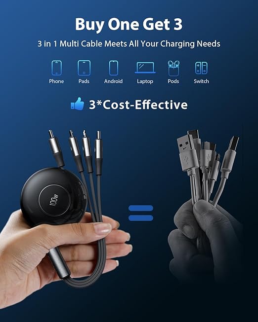 CAFELE Upgraded Retractable USB C Cable, 100W Multi Charging Cable, 3 in 1 Fast Charging Charger Cord with Type C/L/Micro USB Ports for Phone 16 15 14 Galaxy MacBook Pad, Travel for Multiple Devices