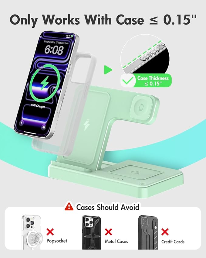 Wireless Charger Stand Charging Station: 3 in 1 Charger Multiple Devices for Apple iPhone 17 16e 16 15 14 Pro Max 13 12 11 for Watch 11 10 9 8 7 6 5 4 3 2 SE and Ultra & Airpods Series, Light Green