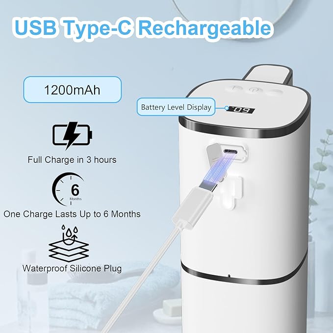 OHIFAST Automatic Foaming Soap Dispenser Touchless, USB Rechargeable Smart Hand Soap Dispenser, 9-Level Adjustable, Physical Button Operation, 13.5oz/400mL Wall Mounted for Bathroom Kitchen Dish Soap