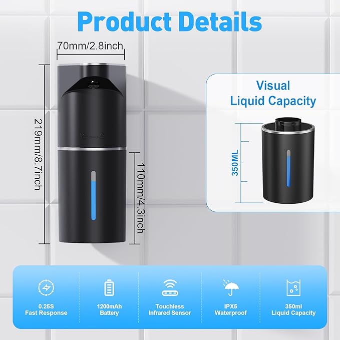 Automatic Soap Dispenser,Touchless Hand Wall Mount Rechargeable 3 Gear Adjustable Electric Soap Dispenser 350ml with Infrared Motion Sensor for Bathroom,Kitchen,Office,Black Foam