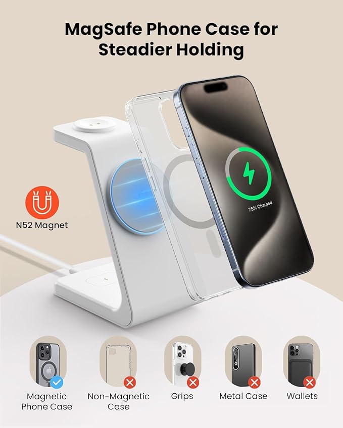 Magsafe Wireless Charging Station for iPhone: Certified 15W Fast Charging Station, 3 in 1 Magnetic Charger Stand for iPhone 17/16/15/14/13/12 Series, Apple Watch, AirPods 4/3/Pro