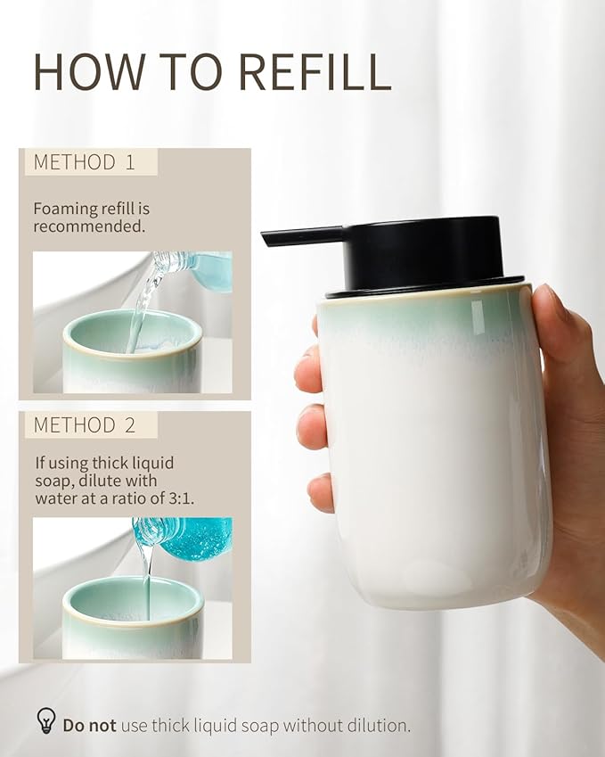BosilunLife Hand Soap Dispenser - Foam Soap Dispenser Bathroom Ceramic Dish Liquid Soap Dispenser for Kitchen, Bathroom Countertop Soap Dispensers (White with Blue-Green Rim Foam Pump)