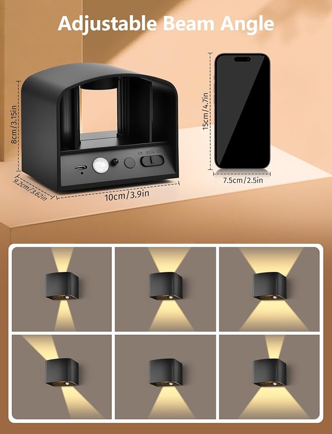Rechargeable Motion Sensor Wall Lights, LED Wireless Sconces with Remote Control, 10-100% Dimmable 2700-6500K, Adjustable Beam Angle, 3 Modes, Black 5000mAh for Bedroom, Hallway, Stairs, 4-Pack