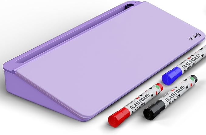 Chalkola Lavender Glass Desktop Whiteboard with Storage - Dry Erase Board, Work Desk Organizers, Computer Keyboard Stand, Home Office Desk Accessories, Workspace Desktop Buddy + 3 Markers
