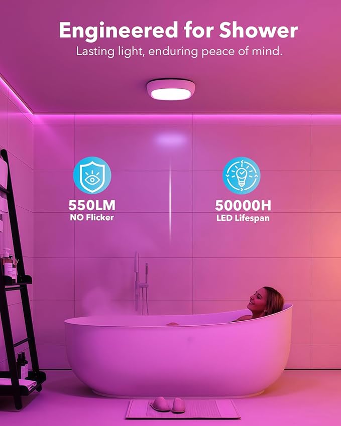 Rechargeable Shower Lights for Inside Shower, 12000mAh Motion Sensor Wireless RGB Ceiling Light with Remote No Wiring, Battery Operated Closet Lights Cordless LED Overhead Lighting for Bathroom