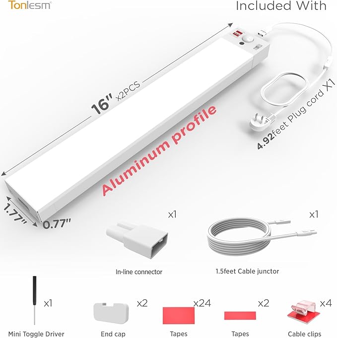 Under Cabinet Lighting Plug in 16in AC120V with Motion Sensor 3000K/4000K/5000K, Super Bright, Linkable Under Counter Light for Kitchen, Shelf, Sink, Closet, Aluminum White 2Pack