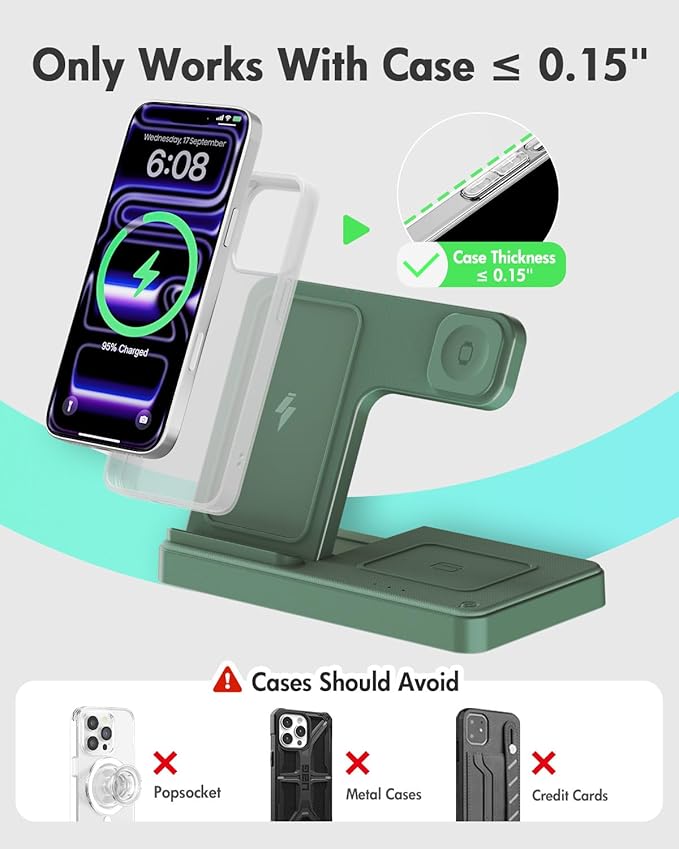Wireless Charger Stand Charging Station: 3 in 1 Charger Multiple Devices for Apple iPhone 17 16e 16 15 14 Pro Max 13 12 11 for Watch 11 10 9 8 7 6 5 4 3 2 SE and Ultra & Airpods Series, Dark Green