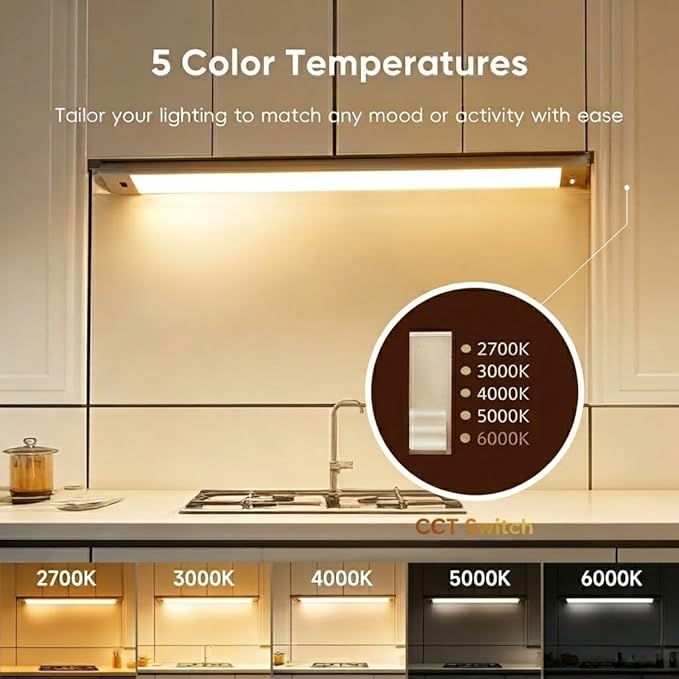 12 Inch Under Cabinet Lighting High Brightness Linkable LED Light Bar, Hand Wave Activated Motion Lights for Kitchen,Home,Room 5 CCT (2700K-6000K) Stepless Dimmable Closet Light, 350LM 5W