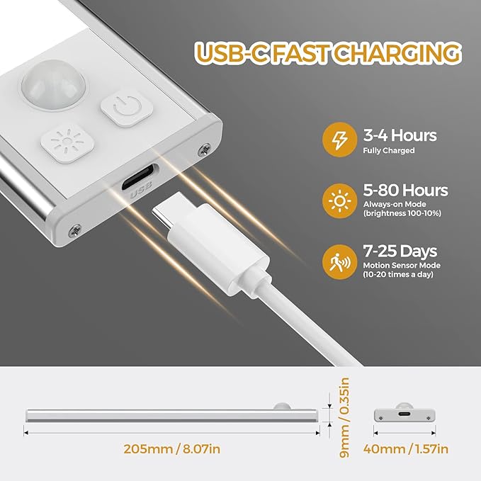 3 Pack Under Cabinet Lights, 32 LED Warm White Rechargeable Under Cabinet Lighting Motion Sensor LED Lights for Kitchen, Counter, Closet, Stairs (Silver - Warm White Light, 8.07 Inch - 3 Pack)