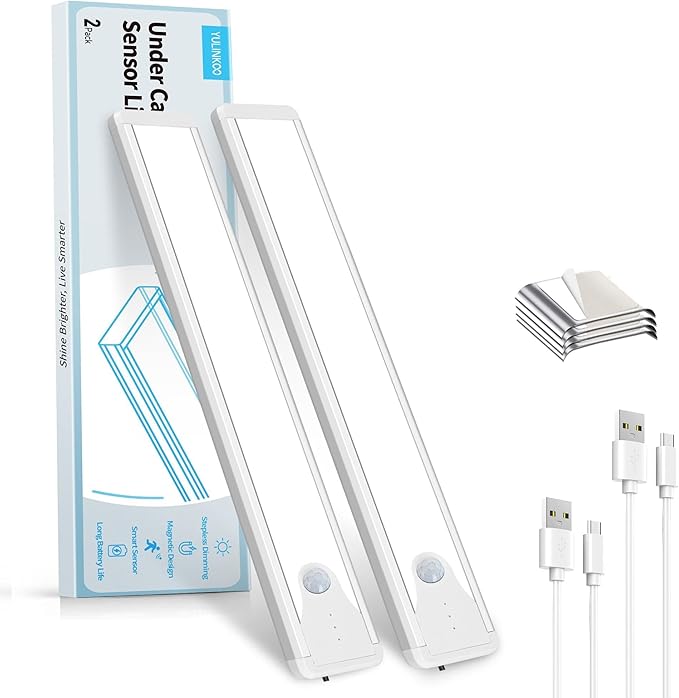 Under Cabinet Lighting, 8 Inch LED Rechargeable Battery Operated Motion Sensor Light Indoor, 1100 mAh Wireless Magnetic Dimmable 6500K Closet Lights for Under Counter, Kitchen, Stairs, 2 Pack