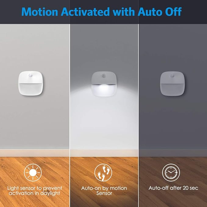 AMIR Upgraded Motion Sensor Light Indoor, Stair Lights Battery Operated, Cordless Stick-On LED Night Light for Closet, Hallway, Bathroom, Kitchen, Cabinet, Energy Efficient (White - Pack of 3)