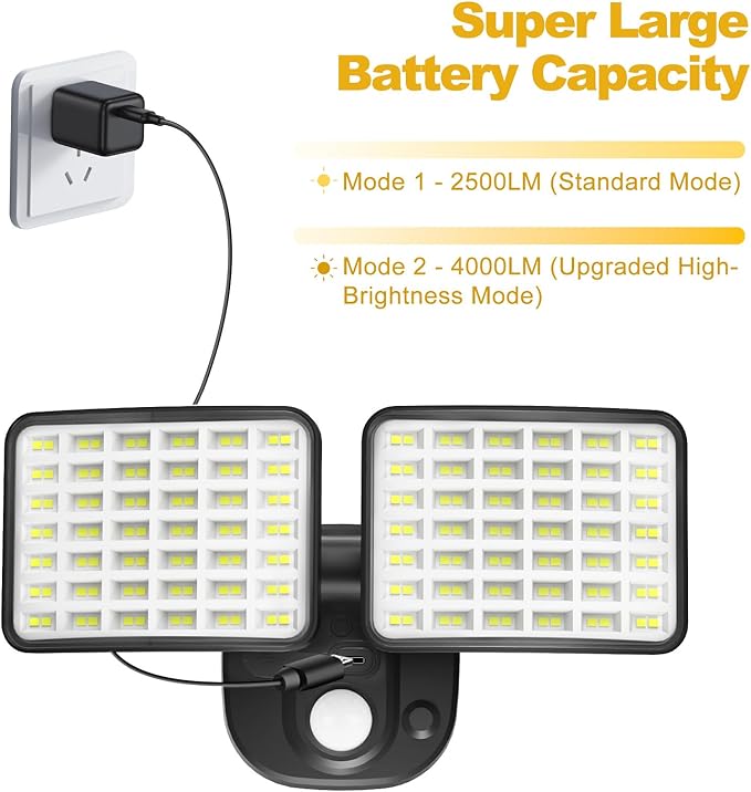 Rechargeable Battery Powered Motion Sensor Outdoor Lights with 2500LM & 4000LM(High Brightness), Wireless Flood Lights 1-3 Months Endurance, USB Charging Security Lights for Garage Yard Patio Garden
