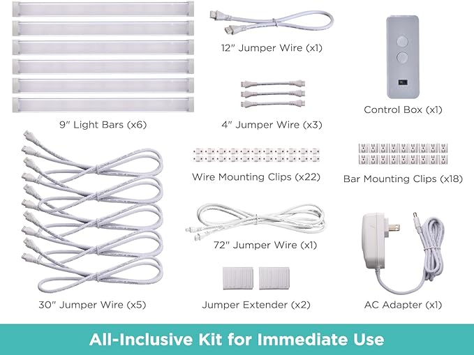 PureOptics LED Under Cabinet Lighting Kit, Motion Sensor, Dimmable, Linkable, 3 Color Settings, Tool-Free, for Kitchen, Pantry, Cabinets, Closets, Office (6) 9" Bars