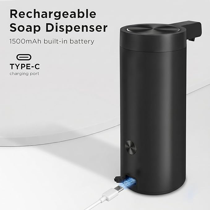 Newise Touchless Automatic Soap Dispenser - 9 oz, USB Rechargeable, Dish Hand Soap Dispenser for Kitchen and Bathroom with 3 Adjustable Dispensing Modes, Stainless Steel, Black