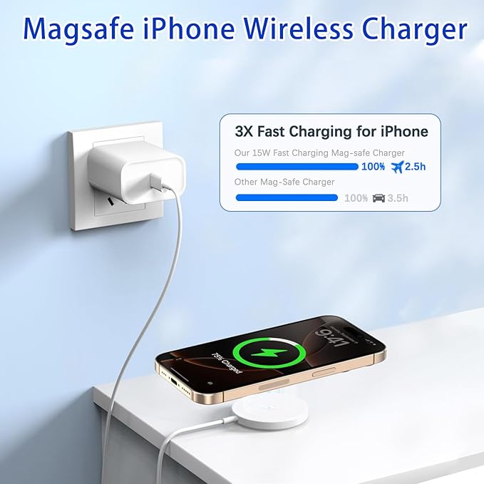 [Apple MFi Certified]Magnetic Charger for iPhone 17,15W Fast Apple Wireless Magnetic Charging Pad,MagSafe Charger with USB C Wall Charging Block for iPhone 17e/Air/16 Pro Max/Plus/15/14,AirPods3/2/Pro