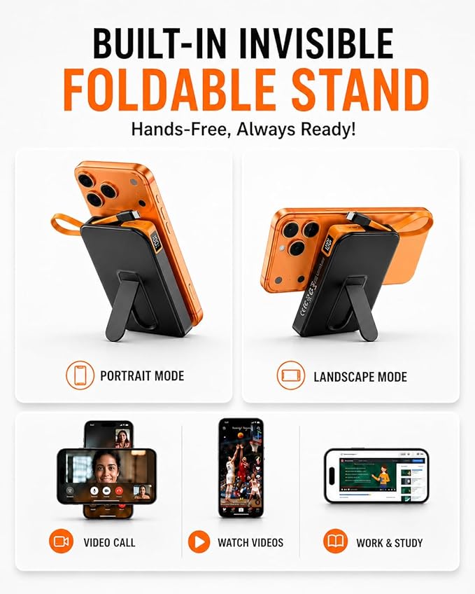 3-in-1 Magnetic Portable Charger with Stand, for Magsafe Power Bank Fast Charging, 10000mAh Wireless Battery Pack with Built in USB C Cable, Powerbank for iPhone17/16/15/14/13/12 Travel & Daily Use