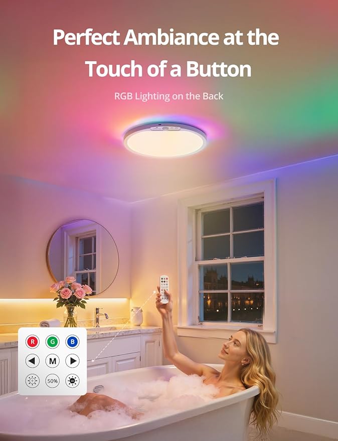 Combuh Rechargeable Battery Operated Ceiling Light for Shower Inside Wireless, 105 Day Battery Life Powered 11.8Inch Bright Waterproof Magnetic RGB Overhead Lighting without Wiring for Closet Bathroom