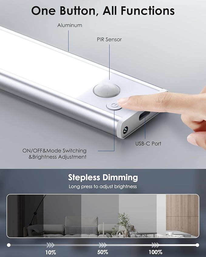 Under Cabinet Lighting, 5 Pack Rechargeable LED Motion Sensor Light Indoor Upgraded 2000mAh, Wireless Battery Operated Under Counter Lights for Kitchen, Magnetic Dimmable Closet Lights Stairs, 8in