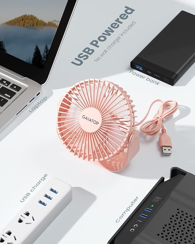 Gaiatop USB Desk Fan, 3 Speeds Strong Airflow, 5.5 Inch Portable 90° Rotate Quiet Cooling, Small Personal Table Fans for Bedroom Home Office Travel Pink