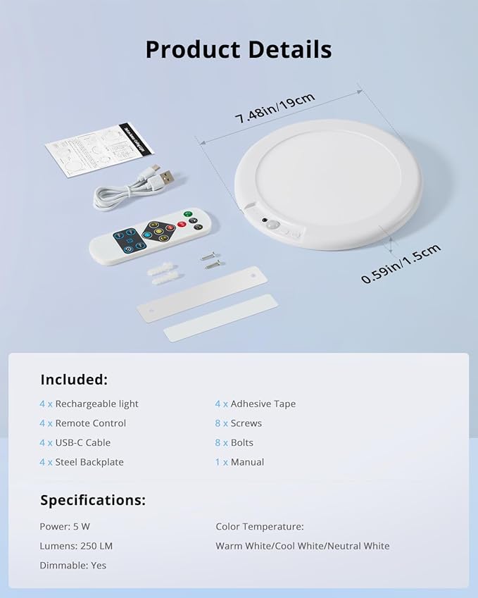 Combuh 4-Pack Battery Powered Motion Sensor Light, 7.48" IP44 Waterproof Shower Lamp Without Wiring, Ultra Thin 3 Colors Adhesive Overhead Lightting for Garage, Bedroom, Kitchen, Portable