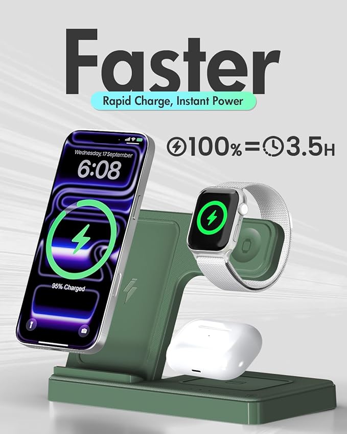 Wireless Charger Stand Charging Station: 3 in 1 Charger Multiple Devices for Apple iPhone 17 16e 16 15 14 Pro Max 13 12 11 for Watch 11 10 9 8 7 6 5 4 3 2 SE and Ultra & Airpods Series, Dark Green