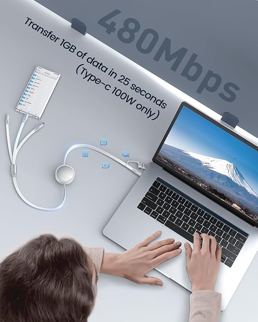 CAFELE Retractable Charging Cable, 100W USB C Fast Charger Cable 3 in 1 with [30-130cm] Adjustable Length, Multi-Port Cord for Laptop, Phone, Car, Travel - PD3.1/QC5.0（White）