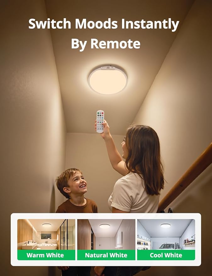 Bojim 10000mAh Battery Operated Ceiling Light with Remote, Rechargeable Wireless Waterproof Shower Light with RGB Backlight, 12 Inch Dimmable Hallway Lamp Motion Sensor for Room Closet Pantry Garage