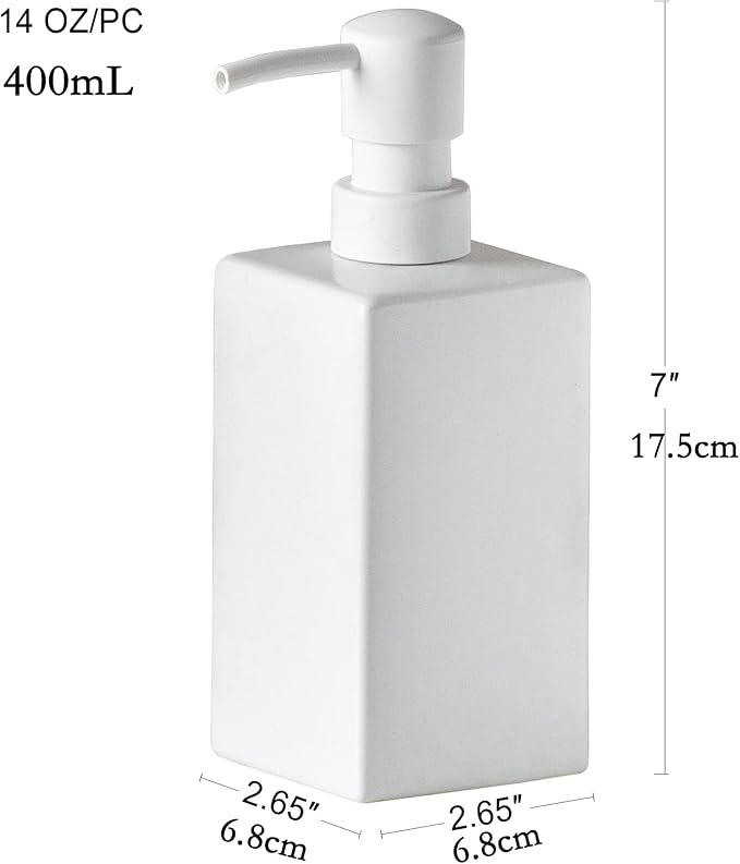 Square Matte White Soap Dispenser Ceramic Hand Soap and Lotion Dispenser for Bathroom Countertop,Dish Soap Dispenser for Kitchen-14oz.
