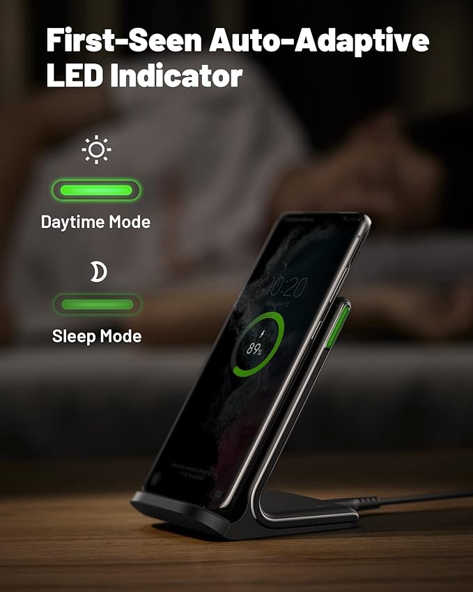 INIU Wireless Charger, 15W Fast Wireless Charging Station with Sleep-Friendly Adaptive Light Compatible with iPhone 17 16 15 14 13 12 Pro Max Samsung Galaxy S25 S24 S23 Note 20 Google etc