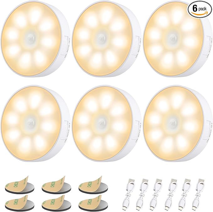 8 LEDs Motion Sensor Light Indoor, Night Light USB Rechargeable, 3 Light Modes & 400 mAh Battery, Cordless Magnetic Sticker Nightlight for Stair, Closet, Hallway - 3000K Warm White 6 Pack