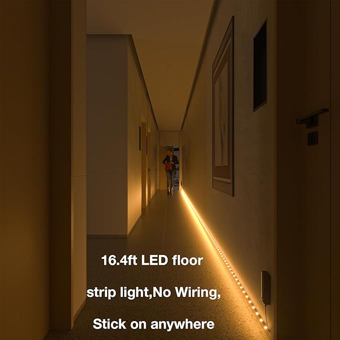 WOBANE Dual Motion Activated LED Strip Light,Rechargeable 16.4ft Light Strip,Battery Powered Tape Light for Under Cabinet,Bed,Shelves,Anywhere,PIR Detector,Cuttable,Flexible,2700K Warm White,Black